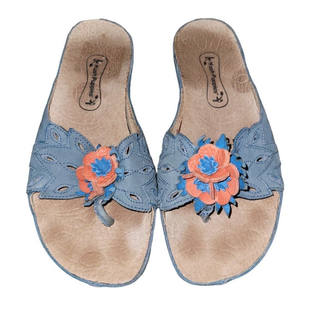 Hush‎ Puppies Women's Thong Sandals Blue Suede Leather Size 7 EW Flower Shoe